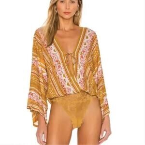 NWT Free People Gold Combo Bohemian Cottagecore Tie Front Bodysuit Size XS